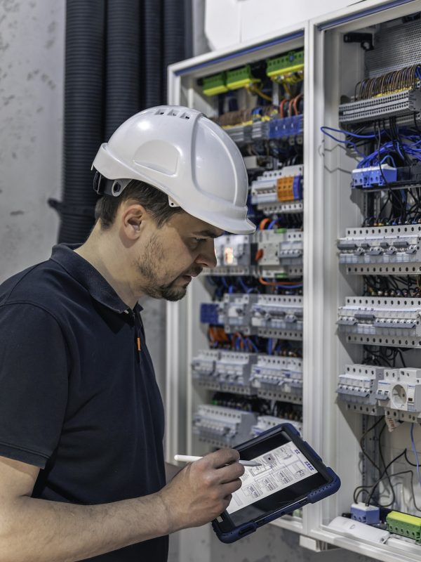 Man, an electrical technician working in a switchboard with fuses. Installation and connection of electrical equipment. Professional uses a tablet.