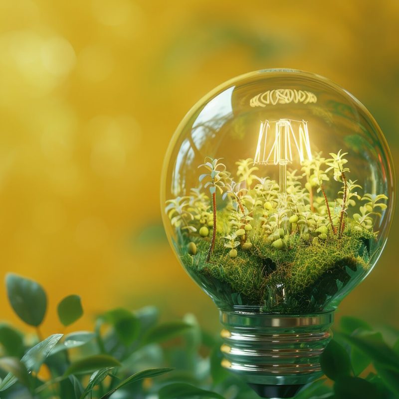 A glass bulb with plants inside of it. The bulb is on a yellow background. The bulb is a symbol of light and growth